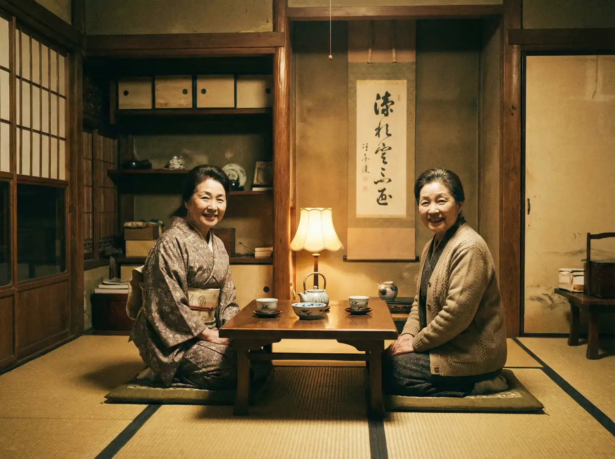 两位优雅的 sexual intercourse 在日式茶室中品茶交谈